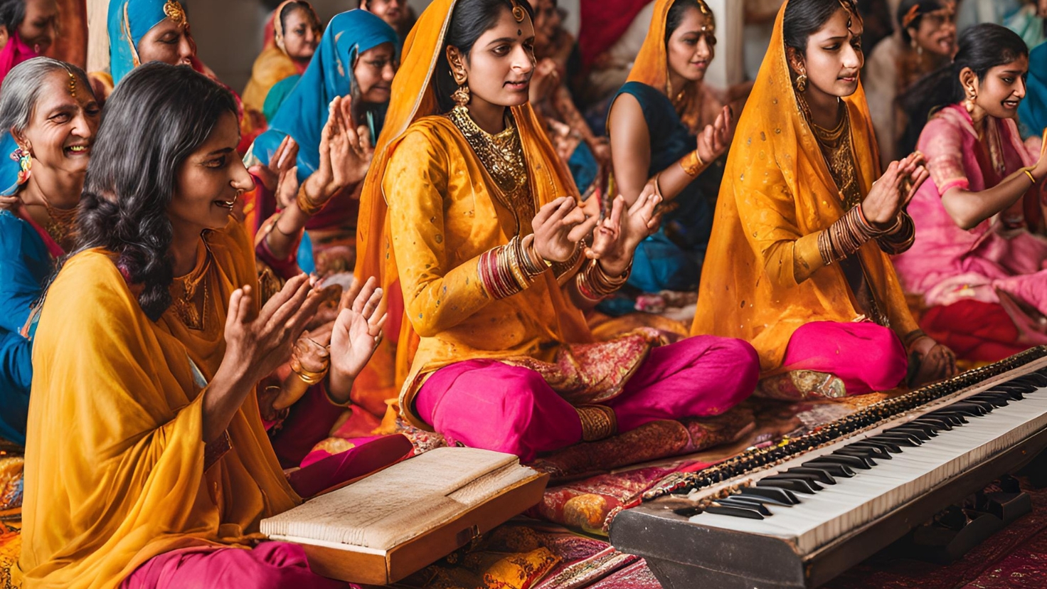 Women dressed in traditional Indian attire participating in a soulful home kirtan, clapping and singing devotional songs.