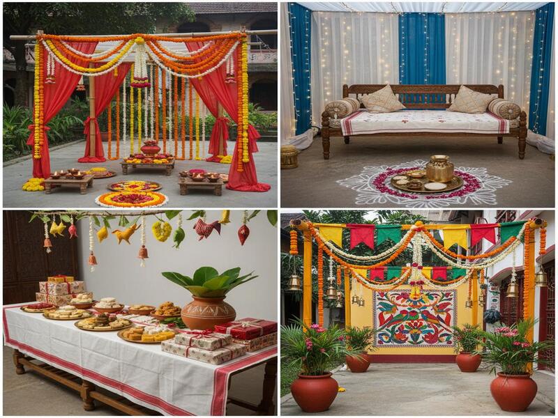 Roka ceremony couple with family in a simple elegant setting