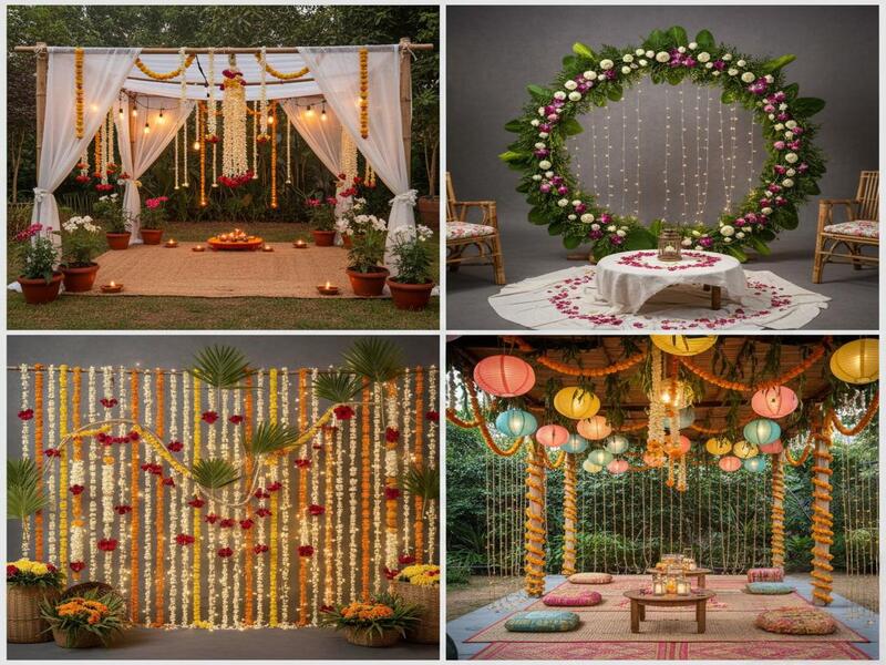 Bridal shower decorations with flowers and lighting.
