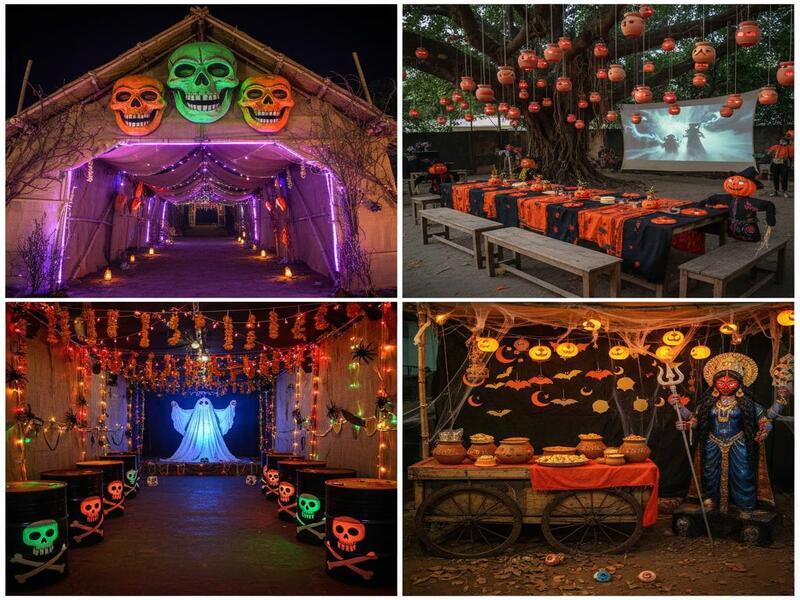 Halloween theme decor featuring spooky lighting and creative decorations