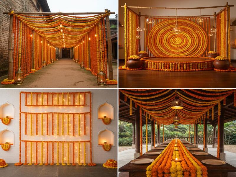 Traditional marigold garlands with warm lighting.