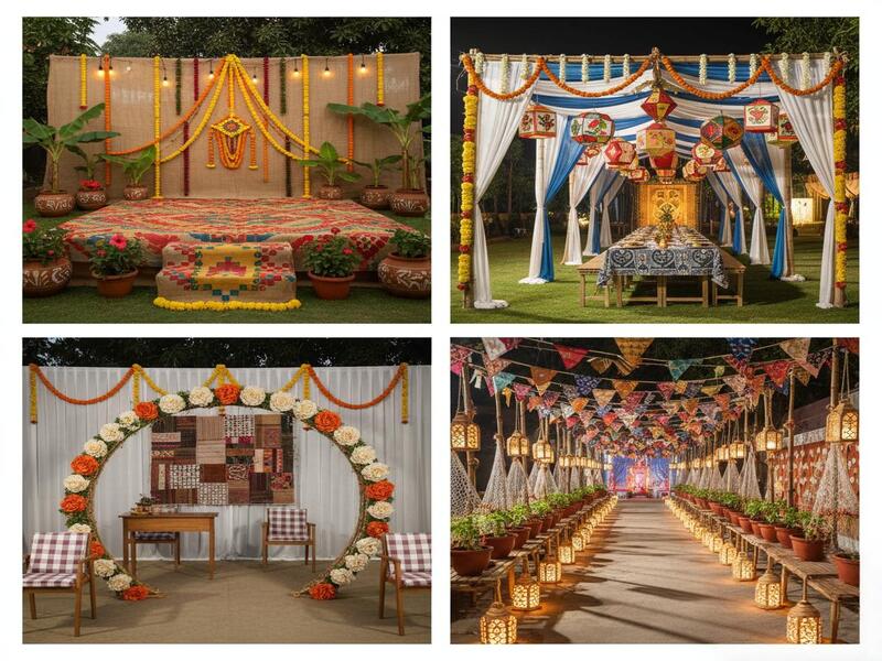 Creative corporate event decor with floral backdrop and lantern walkway