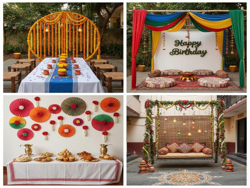 Traditional birthday decoration setup with marigold garlands and drapes