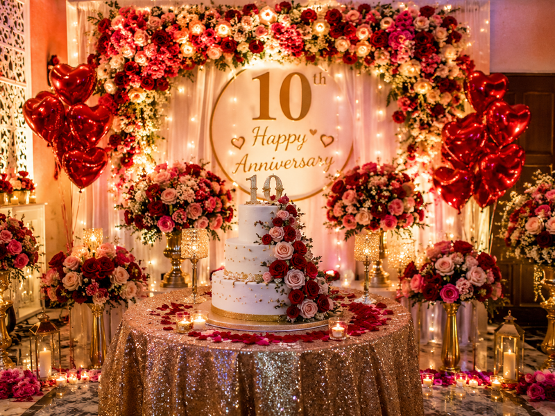 Elegant floral and lighting setup for a 10th anniversary celebration party