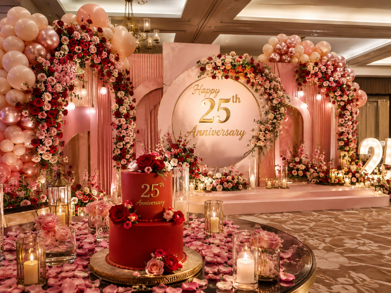 Modern 25th anniversary decoration with roses, balloons and red cake
