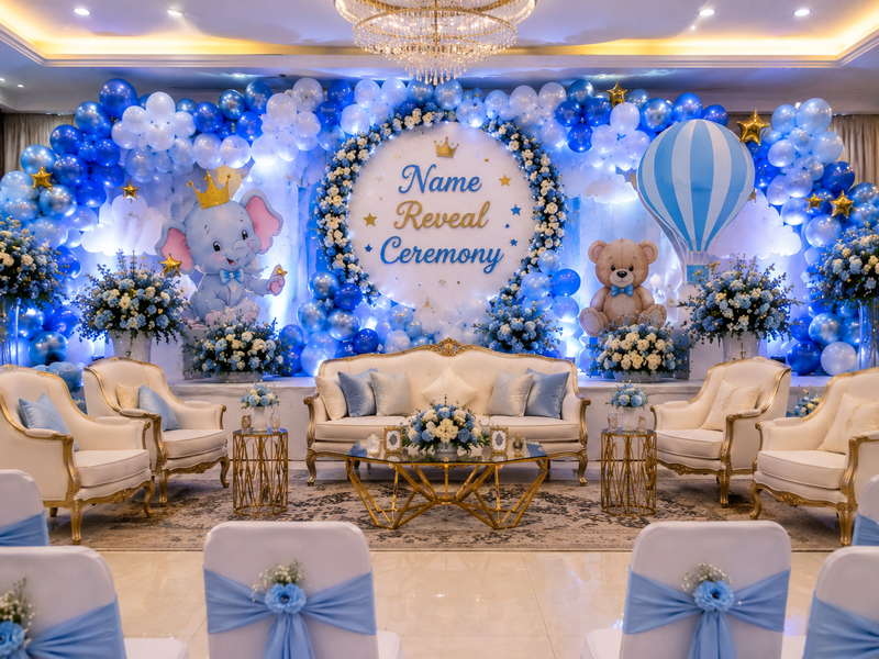 Blue and white baby boy name reveal ceremony décor with balloons, flowers and seating setup