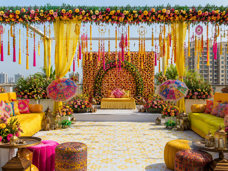 Premium Bollywood style Mehndi decoration setup on a rooftop in Kolkata
