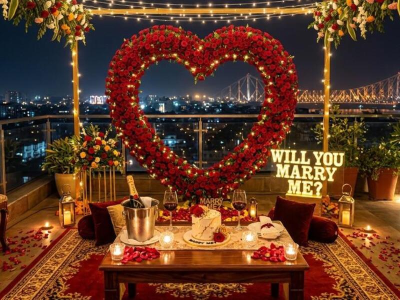 Luxury candlelight proposal setup with floral romantic décor for couples