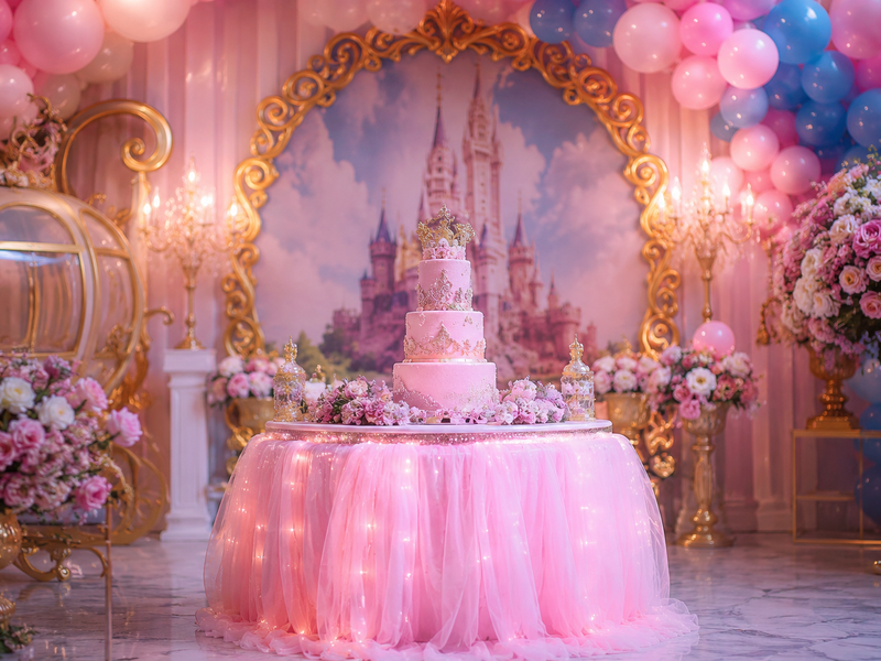 Cinderella themed baby girl birthday party decoration with princess backdrop