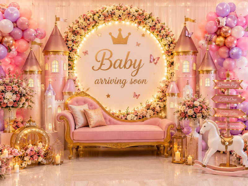 Fairytale-inspired baby shower decoration with pastel balloons, floral backdrop and elegant magical decor setup