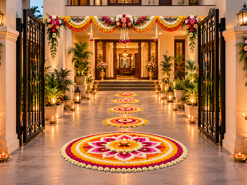 Elegant Kolkata house warming decoration with floral gate décor and rangoli pathway.
