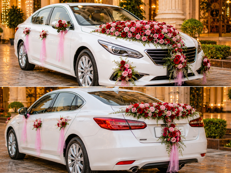 White luxury wedding sedan decorated with red and pink roses in premium Indian wedding style