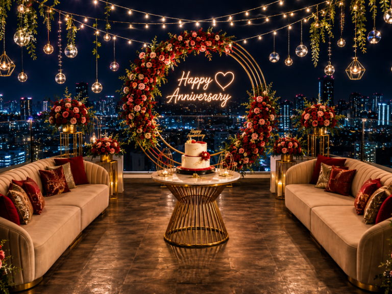 Rooftop Anniversary Decorations with Stunning City Views