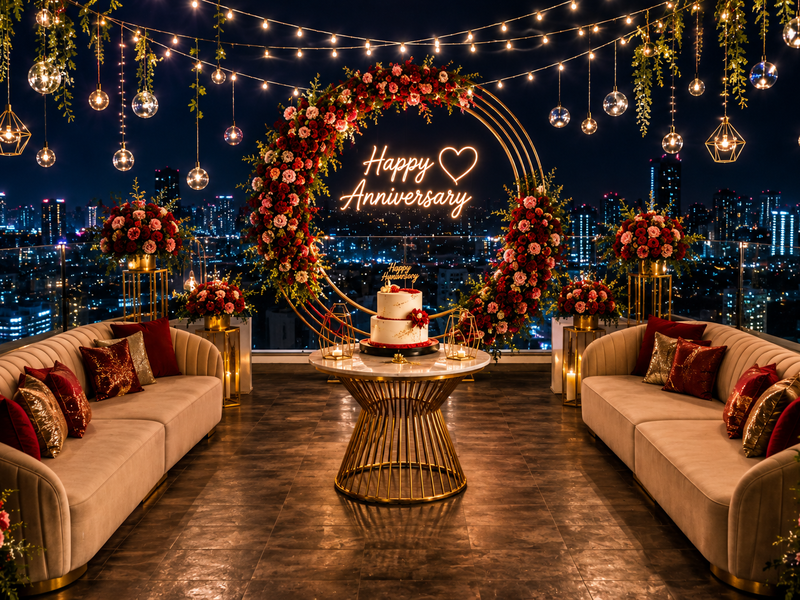 Romantic rooftop anniversary decoration with elegant city skyline view
