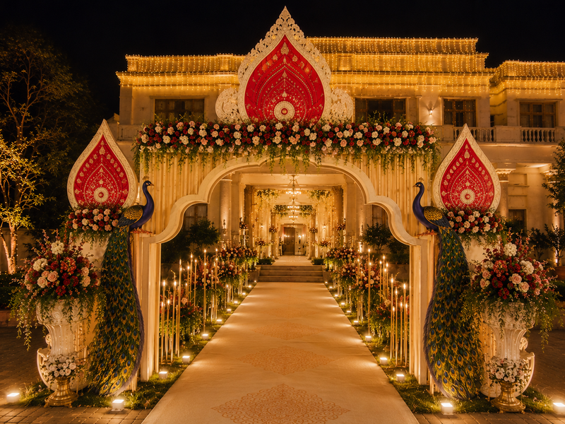 Royal Bengali style banquet hall decoration with traditional floral wedding décor in Kolkata