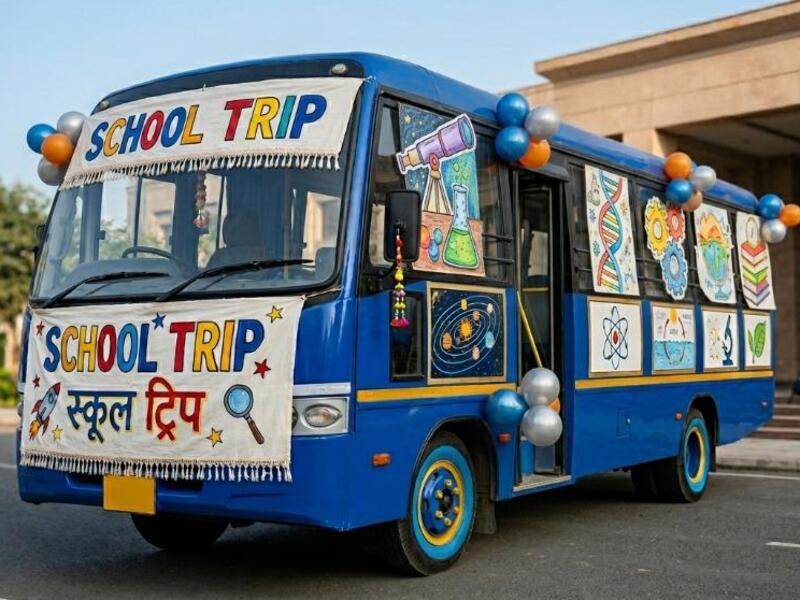 Science themed bus decorations with colourful space and lab party décor for children