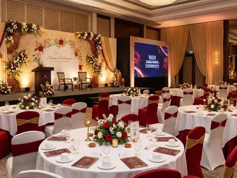 Elegant corporate event venue styling with modern décor and lighting