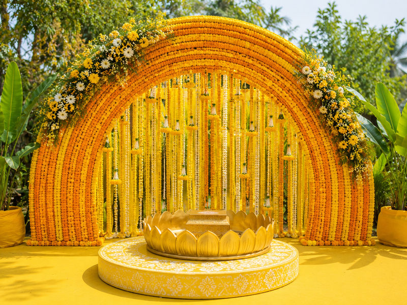 Traditional Bengali themed Haldi decoration with a modern marigold flower arch backdrop and floral seating arrangement in daylight.