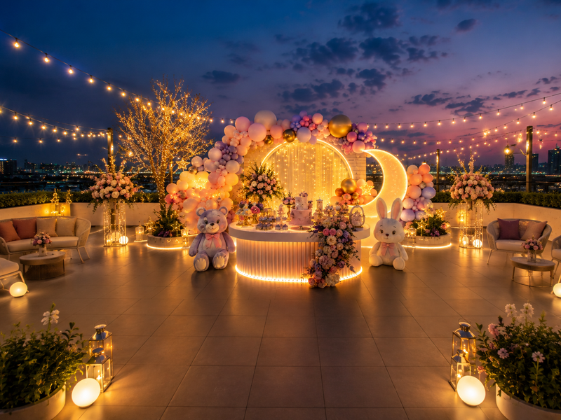Birthday decoration in rooftop space featuring balloons, floral arrangements, glowing lights and a decorated cake table during an elegant evening celebration.