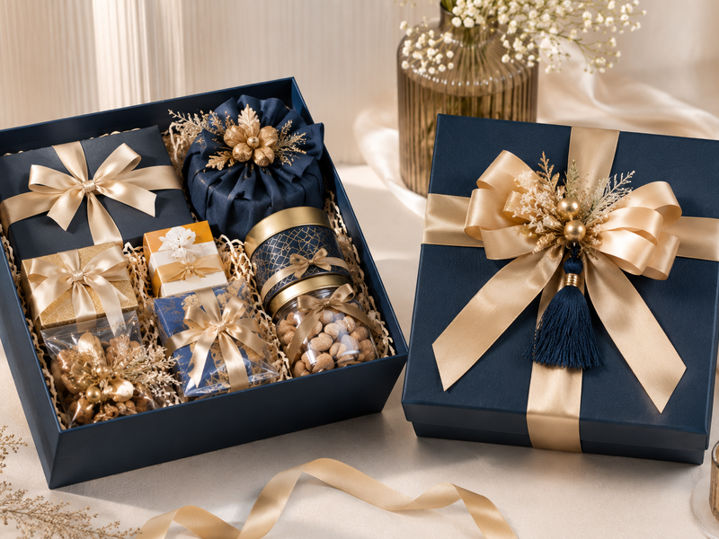 Image Alt Corporate gift hamper with premium wrapping and elegant decoration