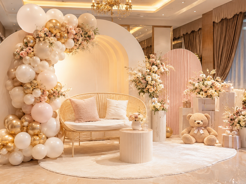 Elegant baby shower decoration with pastel balloons, floral arrangements, luxury backdrop styling and traditional design elements in a modern celebration setting.