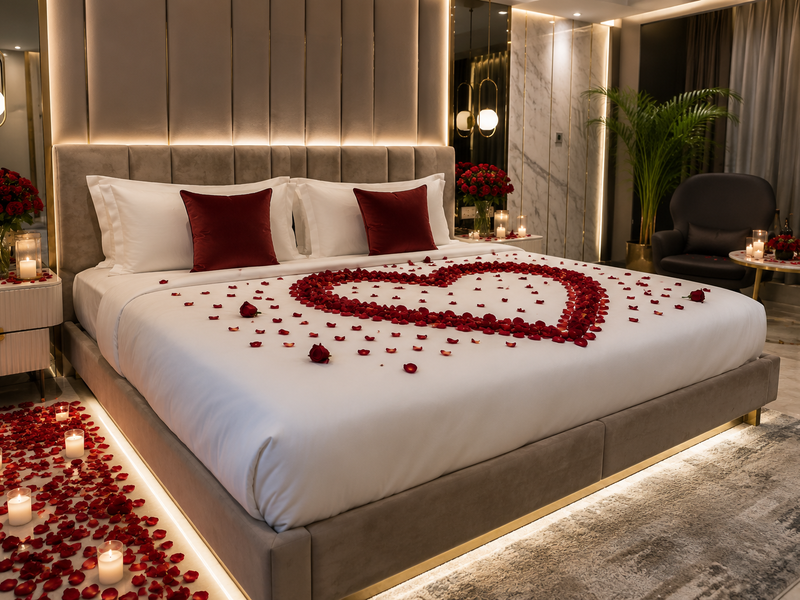 Elegant honeymoon room decorated with rose petals, candles and romantic floral arrangements creating a warm and memorable atmosphere.