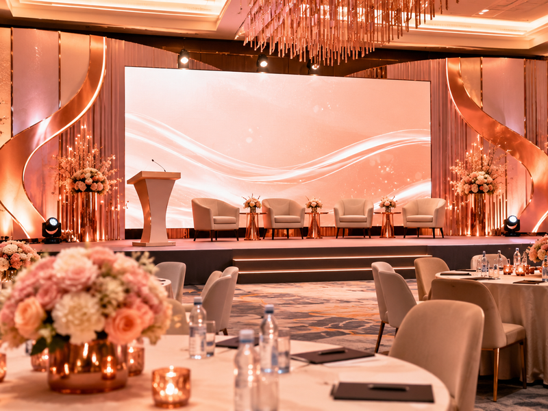 Rose gold themed corporate event management setup with elegant stage design and premium business event decor.
