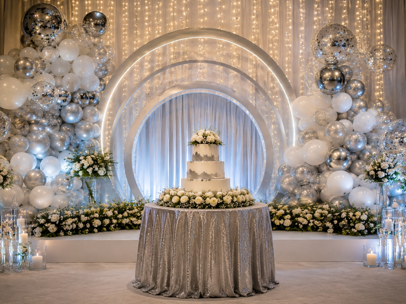 Elegant Silver Jubilee anniversary decoration featuring a celebration cake, silver themed backdrop, floral arrangements and ambient lighting for a 25th wedding anniversary celebration.