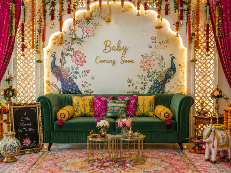Traditional baby shower decoration with luxury green sofa, vibrant floral backdrop, cultural accents, and modern event styling.