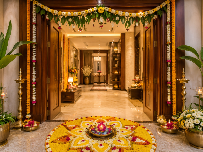 Luxury traditional Griha Pravesh decoration featuring marigold garlands, floral rangoli, brass lamps, and elegant modern Indian home interiors.